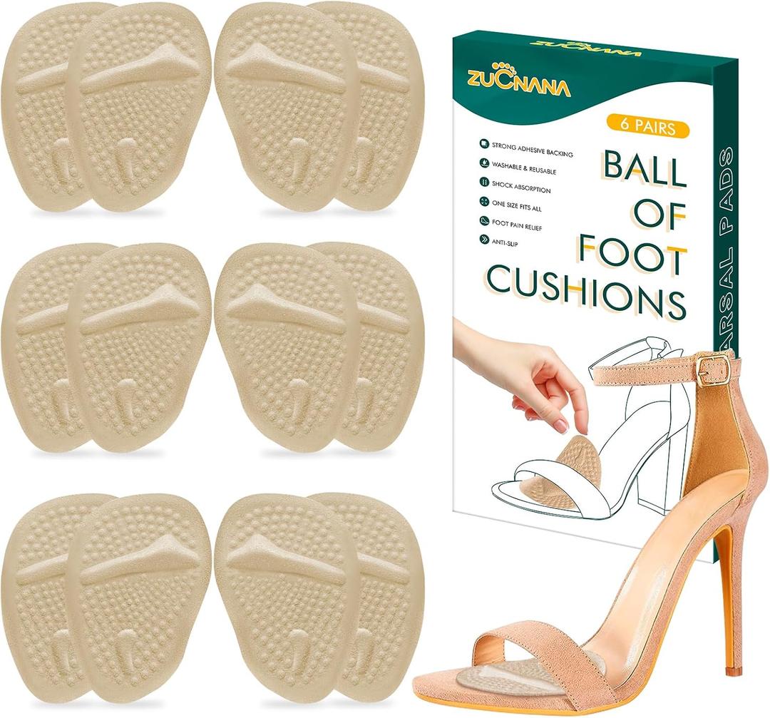 ZUCNANA Ball of Foot Cushions (Beige) | Metatarsal Pads for Women (6 Pairs Foot Pads) | Reusable Shoe Inserts for Pain Relief | Non-Slip Heel Cushion Inserts Best for Neuroma and Callus