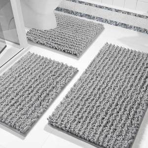 Yimobra Bathroom Rug Set 3 Piece - Super Absorbent Quick Dry Chenille Bath Mats & Toilet Rug, Non Slip Machine Washable, Extra Thick Shaggy Floor Mat for Shower Tub Sink, Grey (24"x17" + 24"x20" + 30"x20")