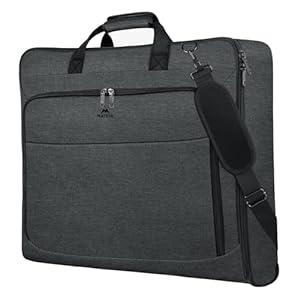 Matein Garment Bag for Travel, Suit Bag with Shoulder Strap for Suits and Dresses,  Polyester Fabric, Exterior/Interior Pockets, Leather-reinforced Corners, Trifold, Black