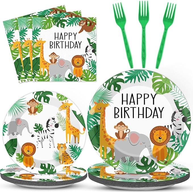 96PCS Jungle Birthday Party Plates and Napkins Safari Animals Birthday Party Decorations for 24 Guests Jungle Theme Birthday Party Tableware Set Serves Wild Animals Gold Safari Zoo Birthday Supplies
