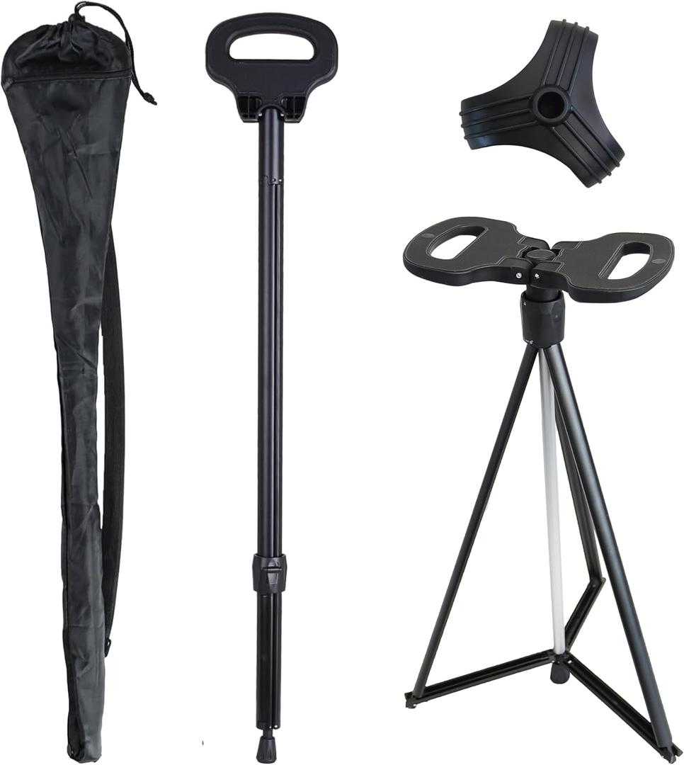 Cane with Seat 2-in-1 Portable Walking Stick with Seat for Men & Women Folding Lightweight Sturdy Tripod Cane Foldable Stool Mobility Aid Crutch Chair with Travel Bag for Elderly, Seniors & Handicap, One Size