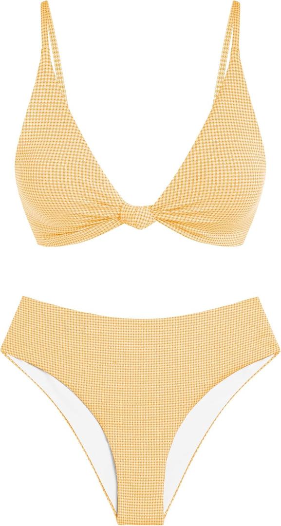 ZAFUL Bikini Set for Women V Neck Knot Front Push Up Bathing Suit High Cut Two Piece Swimsuit Brazilian Cheeky Swimwear, Size L