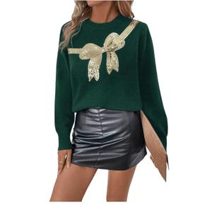 MakeMeChic Women's Bow Sweater Sequin Long Sleeve Crew Neck Knitted Fall Sweaters, M