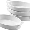Bruntmor 8 x 5 inch Oval Porcelain Ceramic Deep Dish Au Gratin Pan Set of 4, Dual Handle Au Gratin Baking Dishes, Oven Safe Roasting Lasagna Pan For kitchen- White