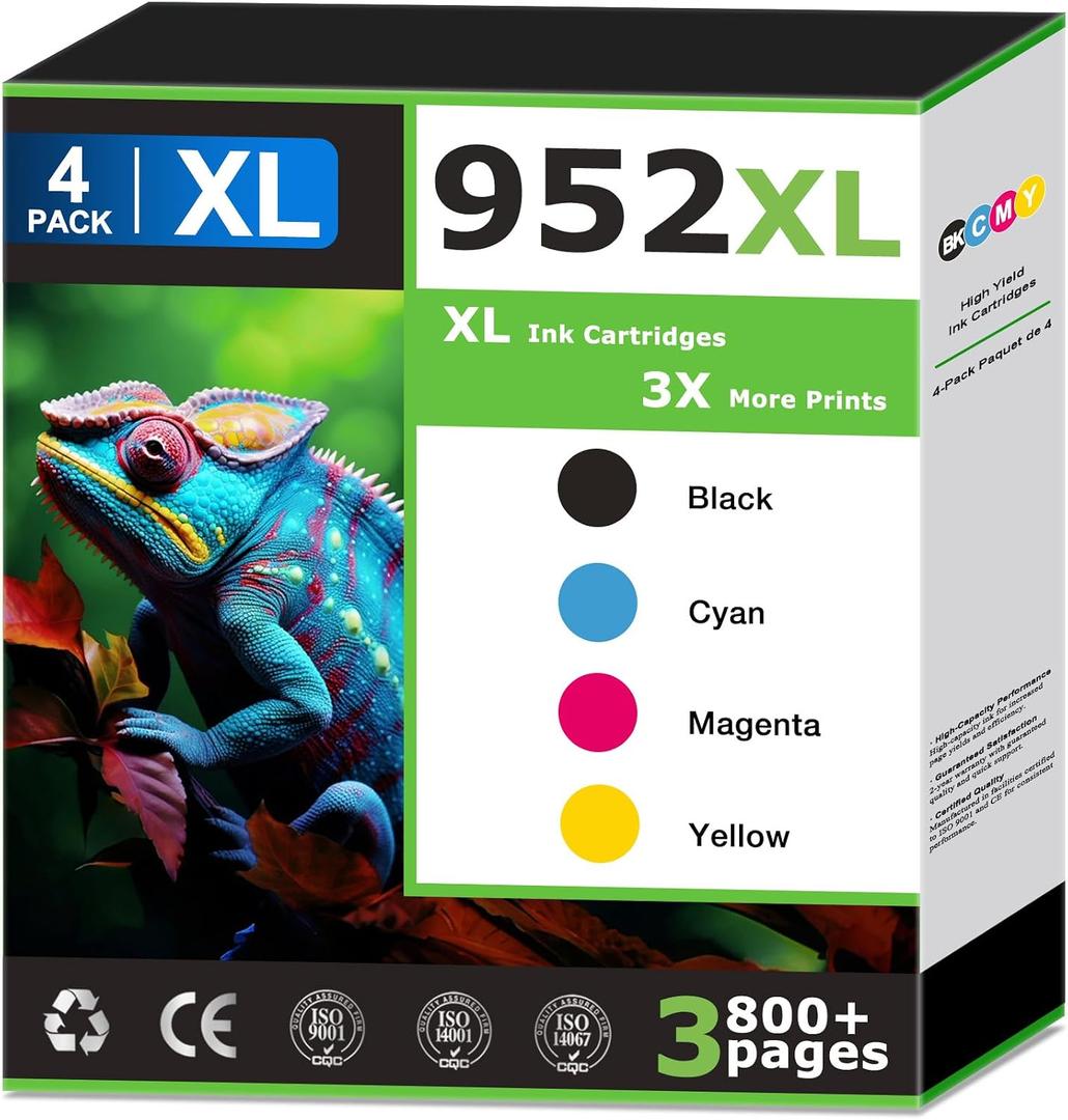 952XL Ink Cartridges Replacements for HP 952 Ink Cartridges Combo Pack (4 Pack), Compatible with HP OfficeJet Pro 7740 8710 8715 8720 8725 8730 Printers, 952 Black and 952 Color (Cyan Magenta Yellow)