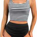 Tempt Me Women Two Piece Tankini Swimsuits - Crop Swim Top with High Waisted Bottom Tummy Control Bathing Suits Swimwear (Black and White Striped)