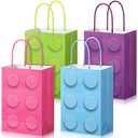 PerKoop 24 Pieces Building Block Party Favor Bags, Bricks Candy Treat Paper Bags, Party Gift Goodie Bags with Handle for Girls Building Block Birthday Baby Shower Decoration Supplies(Simple)