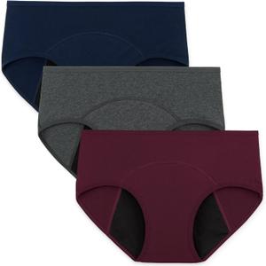 INNERSY Period Underwear for Women Teens Leak-Proof Menstrual Cotton Protective Hipster Panties 3-Pack (Large, Light Flow (Dark Vintage))