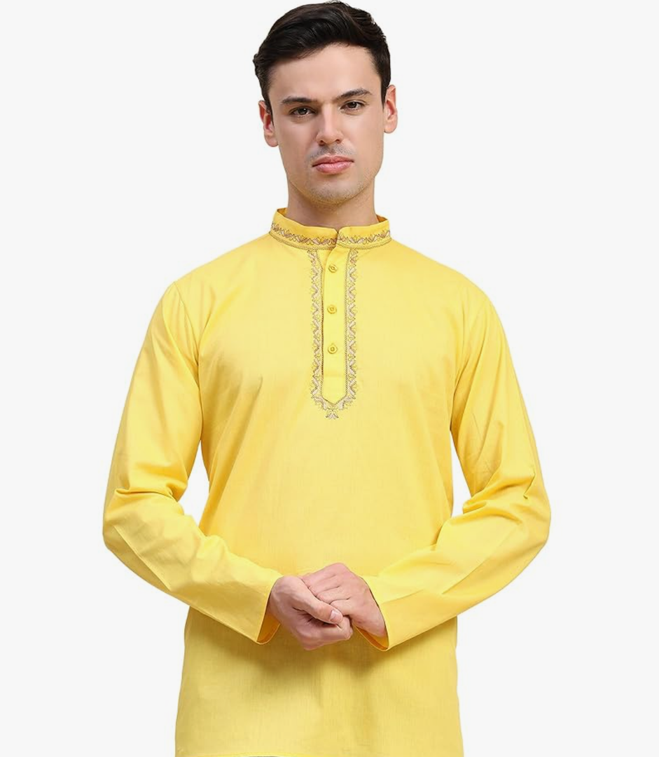 SKAVIJ Mens Cotton Henley Shirts Casual Band Collar Kurta Long Sleeve Embroidered Top T-Shirt, L