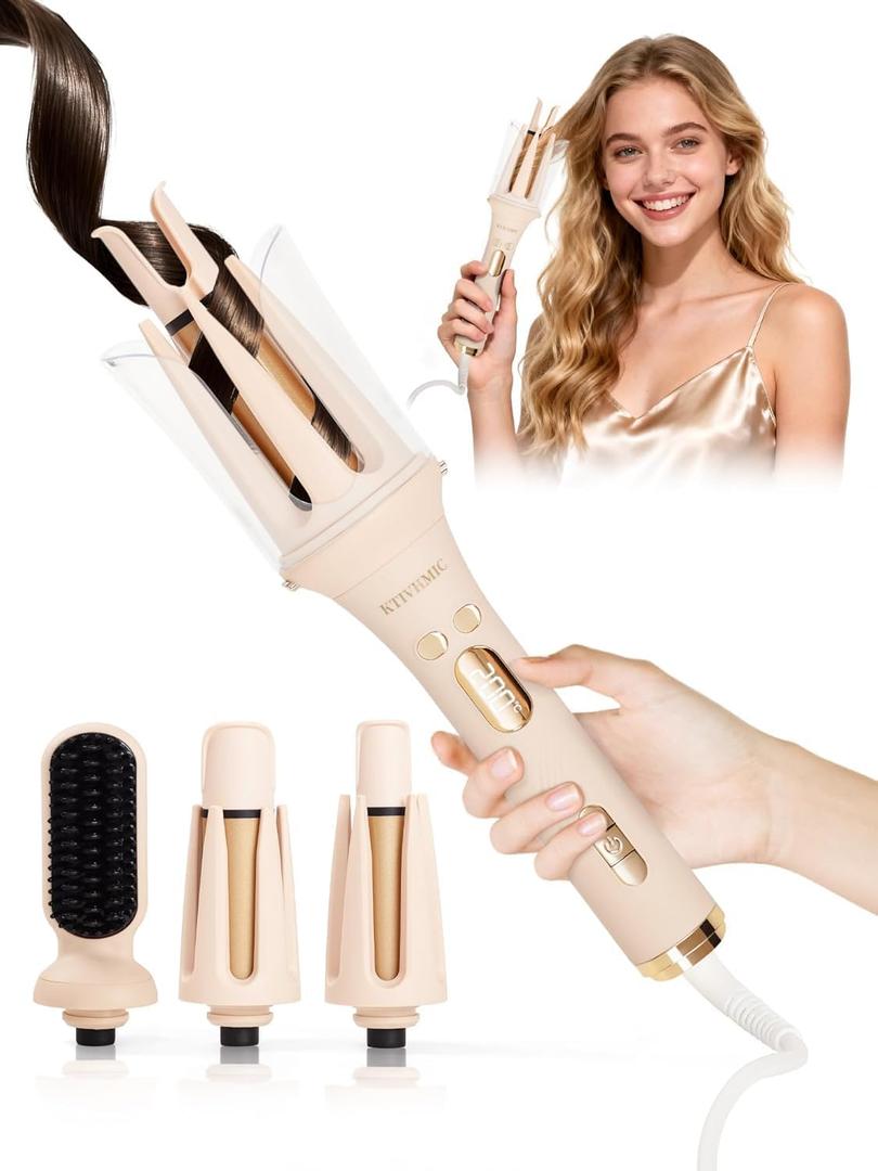 3-in-1 Automatic Curling Iron,Rotating Curler&Straightener Brush | 1"+1.25" Ceramic Barrel with Keratin & 500M Ions, 7 Temp Control, Dual Voltage Portable Styling Tool for Women Daily Hair