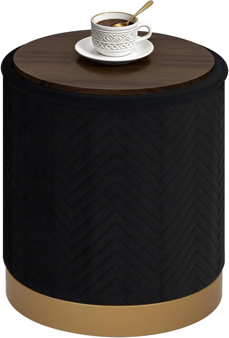 B FSOBEIIALEO Ottoman with Stroage, Round Velvet Storage Ottoman with Gold Plating Base,Foot Rest Stool for Dorm Room, Living Room Black, 14.76"x14.76"x16.35"
