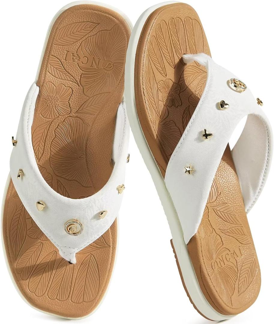 ONCAI Women's Flat Flip Flops Size 10 Summer Trendy Dressy Beach Cute Pool Vacation Essentials Sandals Studded Faux Leather White/Khaki Walking Rivet Sandalias with Waterproof Outdoor Rubber Sole