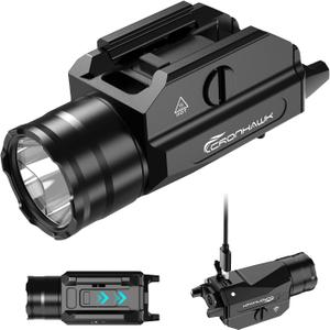 Rechargeable Pistol Light, 1350 Lumen Rail Mounted Tactical Gun Flashlight with Strobe Function and Adjustable Rail Locating Key Fit 1913 Picatinny, Black