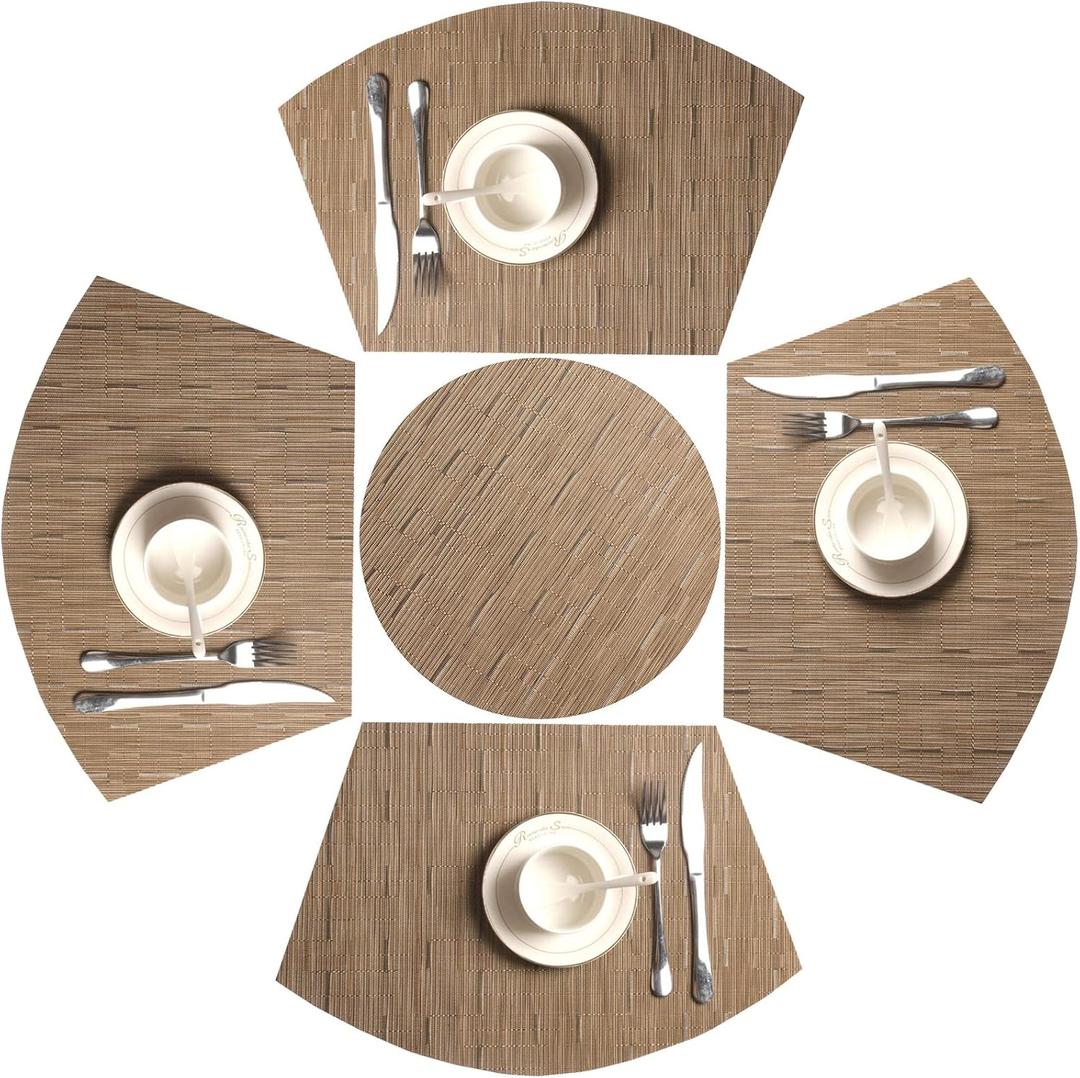 SHACOS Small Round Table Placemats Set of 5 Woven Vinyl Wedge Placemats with Centerpiece Round Table Mats Heat Resistant Wipe Clean (5, Tan)