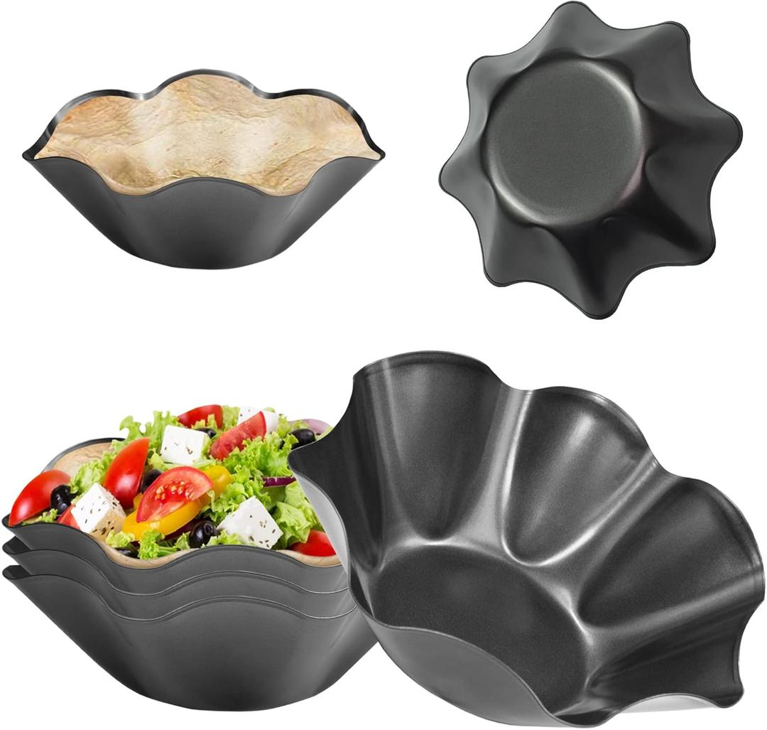 6Pcs Large-Nonstick Tortilla Shell Maker, 8.4-inch Taco Salad Bowl Pans Set with Silicone Gloves & Basting Brush, Carbon Steel Fluted Pan Baking Molds for Kitchen