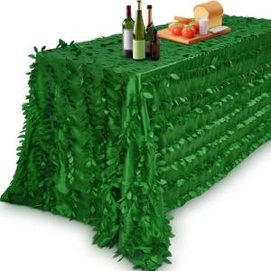 Preboun 90 x 132 Inch Green Taffeta Tablecloth Leaf Petal 3D Table Cloth Events Table Cover for Forest Party Wedding Event Banquet Outdoor
