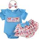 AHUGHAUE Newborn 4th of July Outfit Baby Girl American Flag Bow Print Short Sleeve Romper Tutu Skirt with Headband Summer Set, 6-12 M