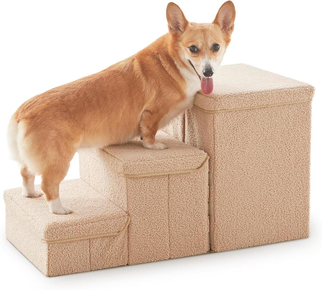 Dog Stairs with Storage, 3Step Sturdy Dog Steps for Small Medium or Large Older Dogs Cats, Folding Pet Stairs Climbing Sofas, high beds, Windows and Cars (Beige, No Condo,16.7" H)