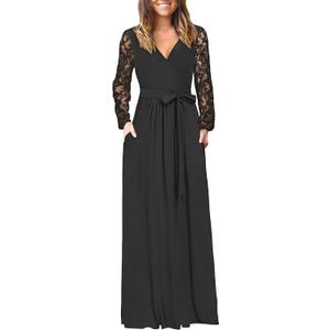 AUSELILY Women's Lace Dress Long Sleeve Maxi 2025 Fall V Neck Wrap Waist Formal Party Long Dresses with Pockets (XXXL)