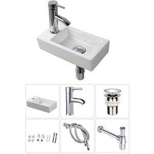 Wall Hung Basin Sink Small Cloakroom Basin Rectangle Ceramic Wash Basin Left Hand with Tap & Drain, (Art Deco)