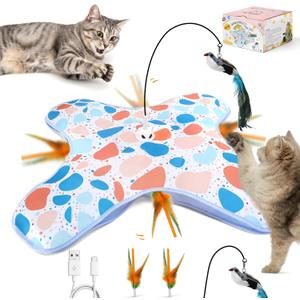 Interactive Cat Toys with Bird, Hide and Seek Cat Toy, 2 in 1 Automatic Moving Concealed Feathers for Indoor Cats, Non-Slip Suction, Touch Activated, USB Rechargeable, Blue