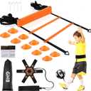 GHB Pro Agility Ladder Soccer Kick Trainer Set 20ft 12 Rung 10 Cones and 4 Stakes Speed Agility Football Training Equipment with Carrying Bag (Orange)