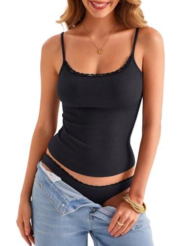EasyGala Womens Lace Camisole Tops Square Neck Ribbed Tank Tops Adjustable Spaghetti Straps Sleeveless Summer Shirt 2026 Black, L