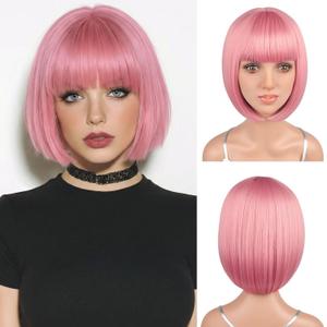 12 Inch Short Pink Bob Wig with Bangs for Halloween Daily Cosplay & Party Use, Heat Resistant Straight Synthetic Costume Colorful Wigs for Women, Pink
