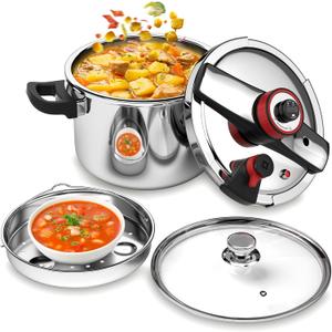 BreeRainz 8.45QT 304 Stainless Steel Pressure Cooker, 3-Stage PSI Settings, One-Hand Locking,Explosion-Proof Pot w/Extra Glass Lid, Timer, Steaming Rack(Induction Compatible)