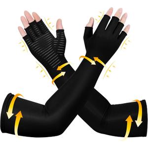 Long Copper Compression Arthritis Gloves for Women & Men, Medical Arm & Hand Compression Gloves, Fingerless Pressuse Gloves, Hand Support Sleeves for Carpal Tunnel, Lymphedema, Hand Pain, Edema