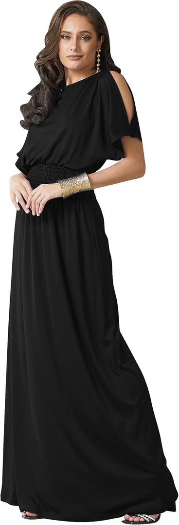 KOH KOH Women's Split Sleeves Smocked Elegant Cocktail Long Maxi Dress (Black, XS)