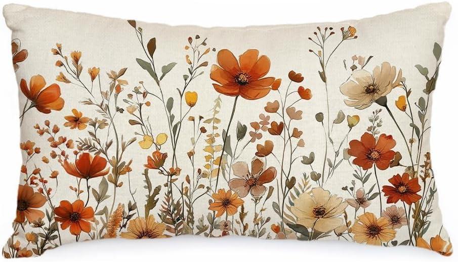 AACORS Fall Pillow Cover 12x20 Inch Floral Decoration Pillow Case Autumn Seasonal Decor for Home Sofa Couch AA730-12 (Orange)