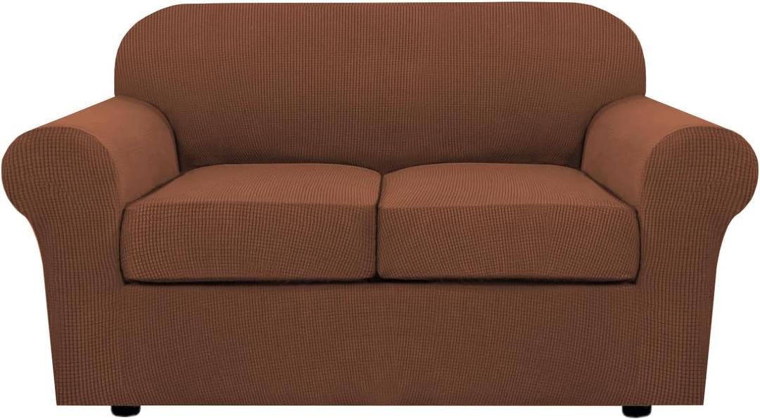 H.VERSAILTEX 3 Piece Stretch Sofa Covers for 2 Cushion Loveseat Couch Covers for Living Room Furniture Cover (Base Cover Plus 2 Seat Cushion Covers) Thicker Jacquard Fabric(Medium Sofa, Caramel)