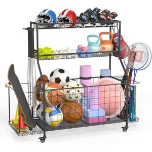 Sports Equipment Organizer, Garage Ball Storage Racks - Outdoor Toy Storage with 2 Side Racks & Removable Baskets, Heavy-Duty Garage Rolling Ball Cart with Wheels, Hooks for Sports Gear, Toys (Large)