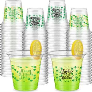 Tioncy 120 Pcs 12oz St. Patrick's Day Cups Disposable Shamrock Cup Clear Plastic irish Ireland Cups St. Patrick's Day Party Favors Green Lucky Cup for Cold Drink Beer Ice Cream Beverage Snacks