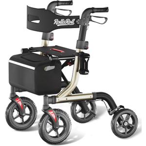 Walkers for Seniors with Seat, Foldable Rollator Walker, Reinforced Aluminum Frame, 10" Big Rubber Wheels for All Terrain, Built-in Cable, Lightweight Rolling Walker, Golden
