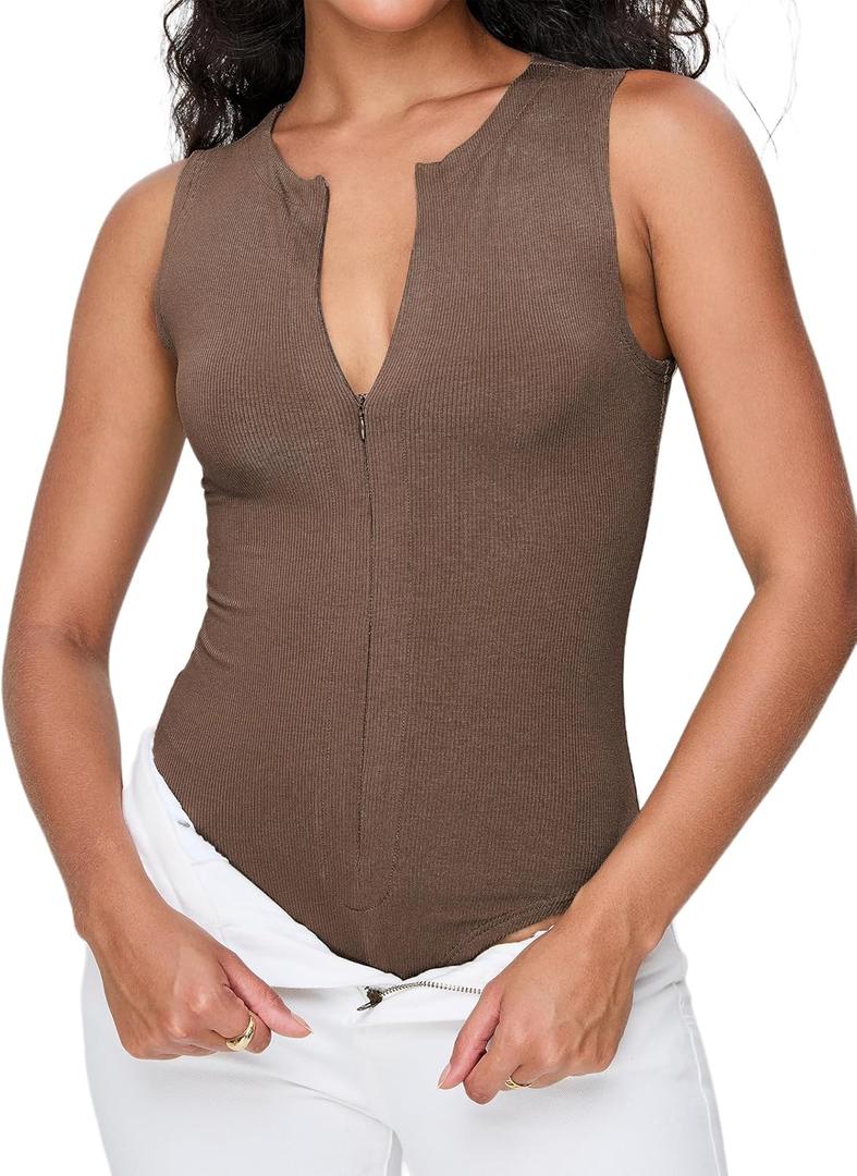 iGENJUN Women's Bodysuit Tops Sleeveless Invisible Zip Up Crew Neck Body suit (Brown) S