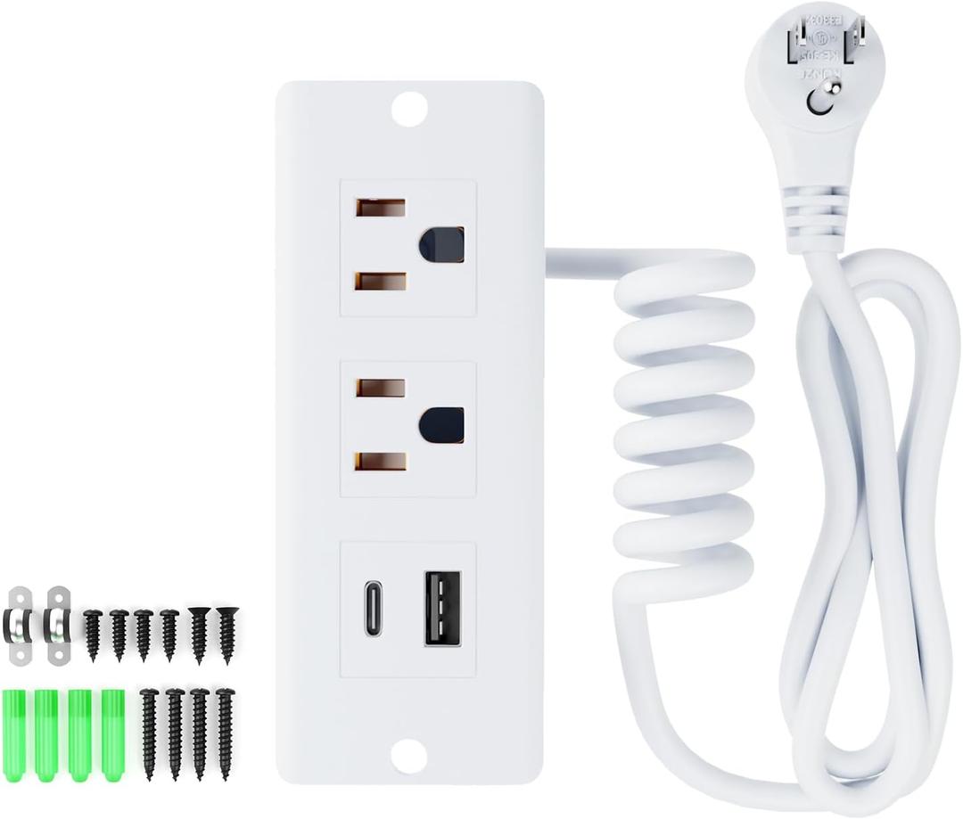 Drawer Outlet Kit, Recessed Furniture Power Strip, PD 20W Fast Charging Horizontal Outlet, Clutter-Free Drawer Socket with 2 USB(A & C) and 2 12 Amp AC Ports, 7.2 FT Power Cord, Spring Cable (White)