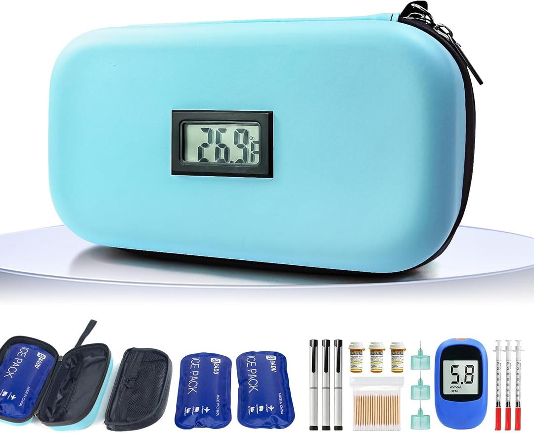 TSA Approved Insulin Cooler Travel Case Medication Cooler for Travel with Thermometer Temperature Display Diabetic Medication Organizer Medical Travel Cooler Bag with 2 Ice Pack (Light Blue)