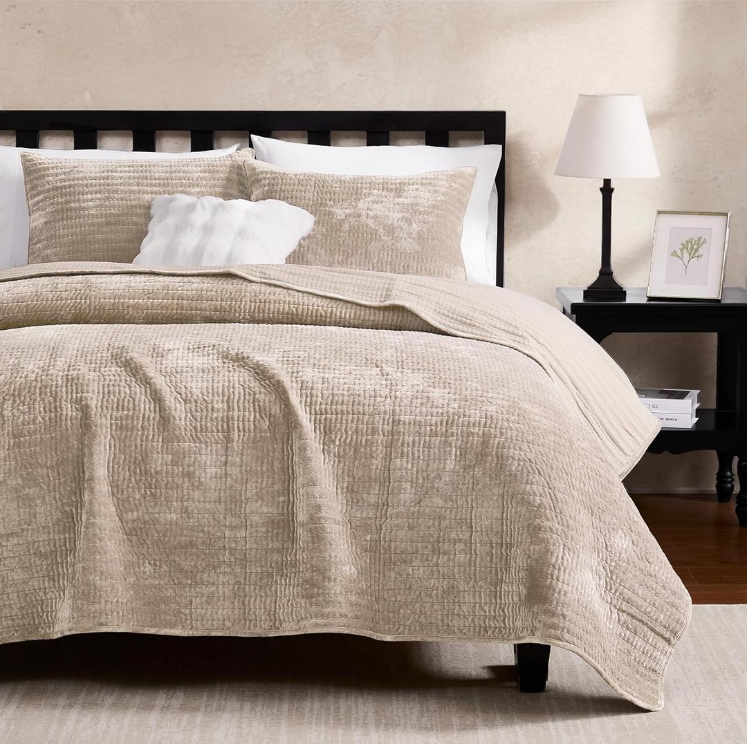 WDCOZY Velvet Queen Size Quilt Set - Beige Striped Pick Stitch Soft Lightweight Bedspread, Neutral Channel Farmhouse Country Rustic Coverlet, Modern Bedding Warm Thin Comforter, 3 Pieces (Queen(90"x92"))