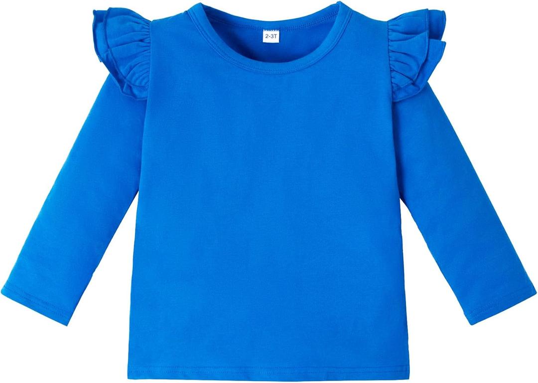 LYSMuch Toddler Baby Girls Long Sleeve Ruffle T Shirt Kids Casual Plain Solid Top Blouse T-Shirt Undershirt (Blue, 4-5T)