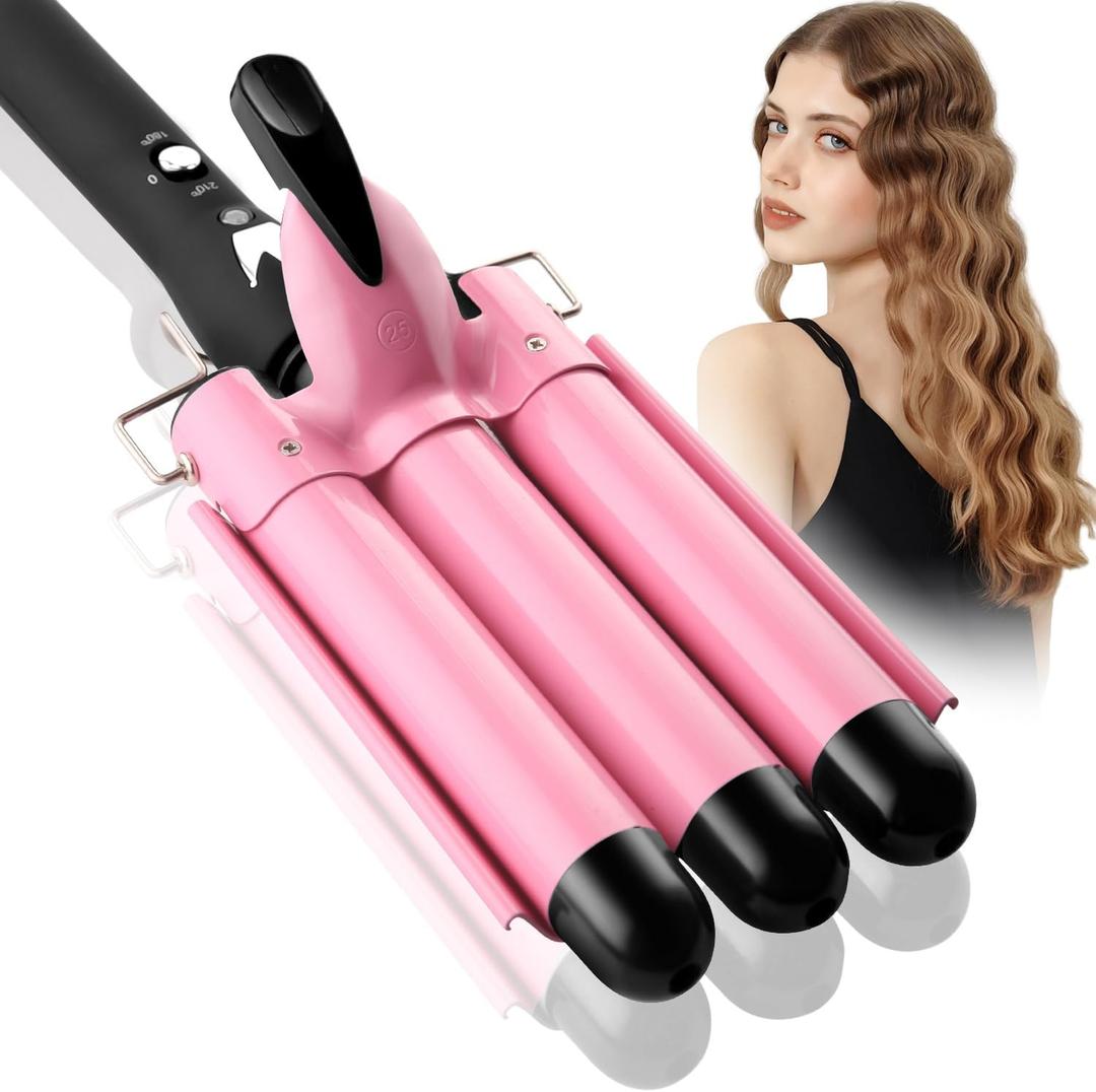 3 Barrel Curling Iron Hair Crimper: Aleath Dual Voltage Adjustable Temperature Three Barrels Hair Waver - Ceramic 1 inch Curler Wand (1 Inch (Pack of 1), Pink)