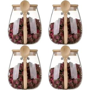 Airtight glass jar storage container with bamboo lid Set of 4, wide mouth, leak-proof, With a spoon, can be used for coffee beans, tea leaves, grains, dried fruits, etc. (Middle*4pcs)