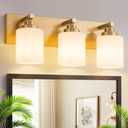 Vanity Lights for Bathroom, 3-Light Brushed Gold Bathroom Vanity Light Over Mirror with Milky White Glass Shades, Modern Bathroom Light Fixtures for Living Room Hallway Cabinet (Bulbs Not Included)