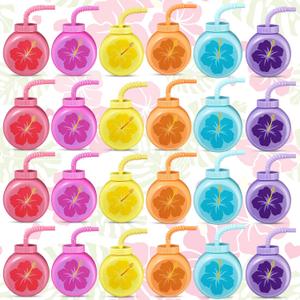 Mifoci 24 Sets Hibiscus Party Favor Cups 10 oz with Straws and Lids Hawaiian Luau Plastic Summer Drink Cups Tropical Flower Shape for Girls Aloha Tiki Beach Birthday Party Supplies, 6 Colors
