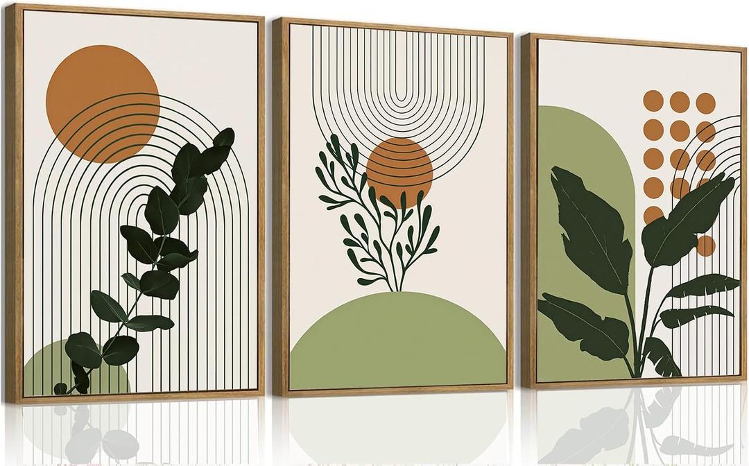 Bwodke Boho Wall Art, Framed Abstract Wall Art, Botanical Canvas Wall Decor, Mid Century Plant Leaf Geometric Pictures Set of 3, Minimalist Paintings, for Bedroom Living Room Bathroom 16"x24", 16"x24"Natural