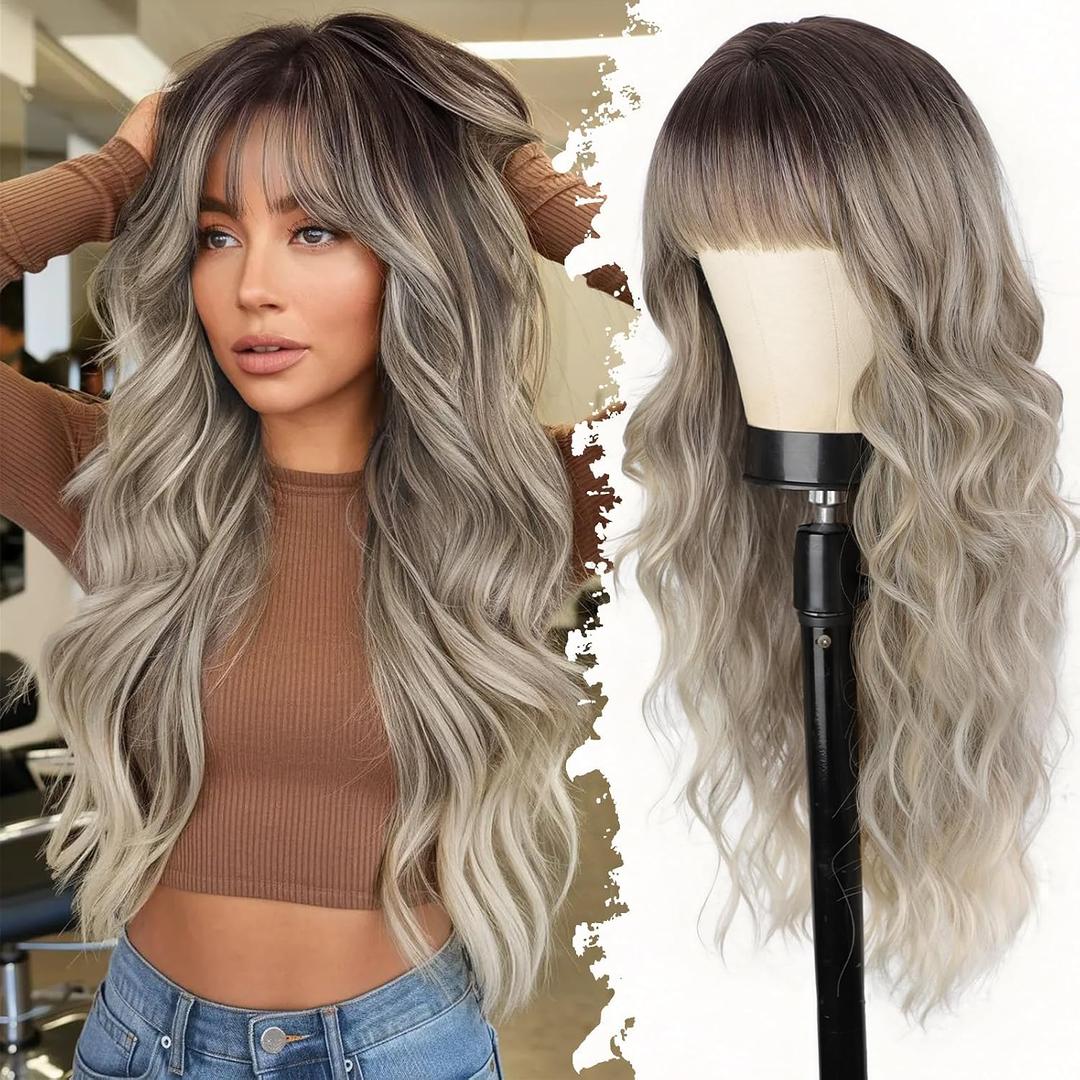 Lativ Ombre Dirty Blonde Wig for Women Wig with Bangs Long Wavy Culry Synthetic Wig for Daily Party Use 26 Inch