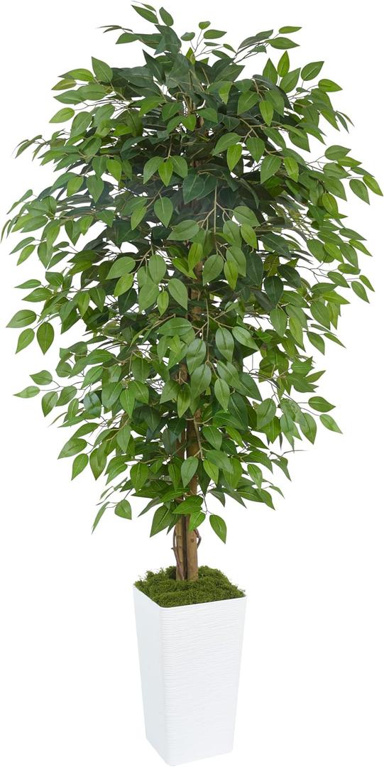 Artificial Ficus Tree 6FT Faux Floor Tree with Planter UV Resistant Potted Fake Silk Plant, Real Wood Trunk-Indoor Outdoor Lifelike Fake Ficus Tree for Home, Living Room Bedroom Topiary Tree (White)