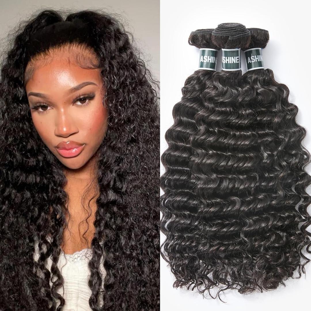 ASHINE Human Hair Bundles Deep Wave Unprocessed Cambodian Raw Hair 18 20 22 Inch, Flip Over Quick Weave Wet and Wave Bundles for Women Natural Black