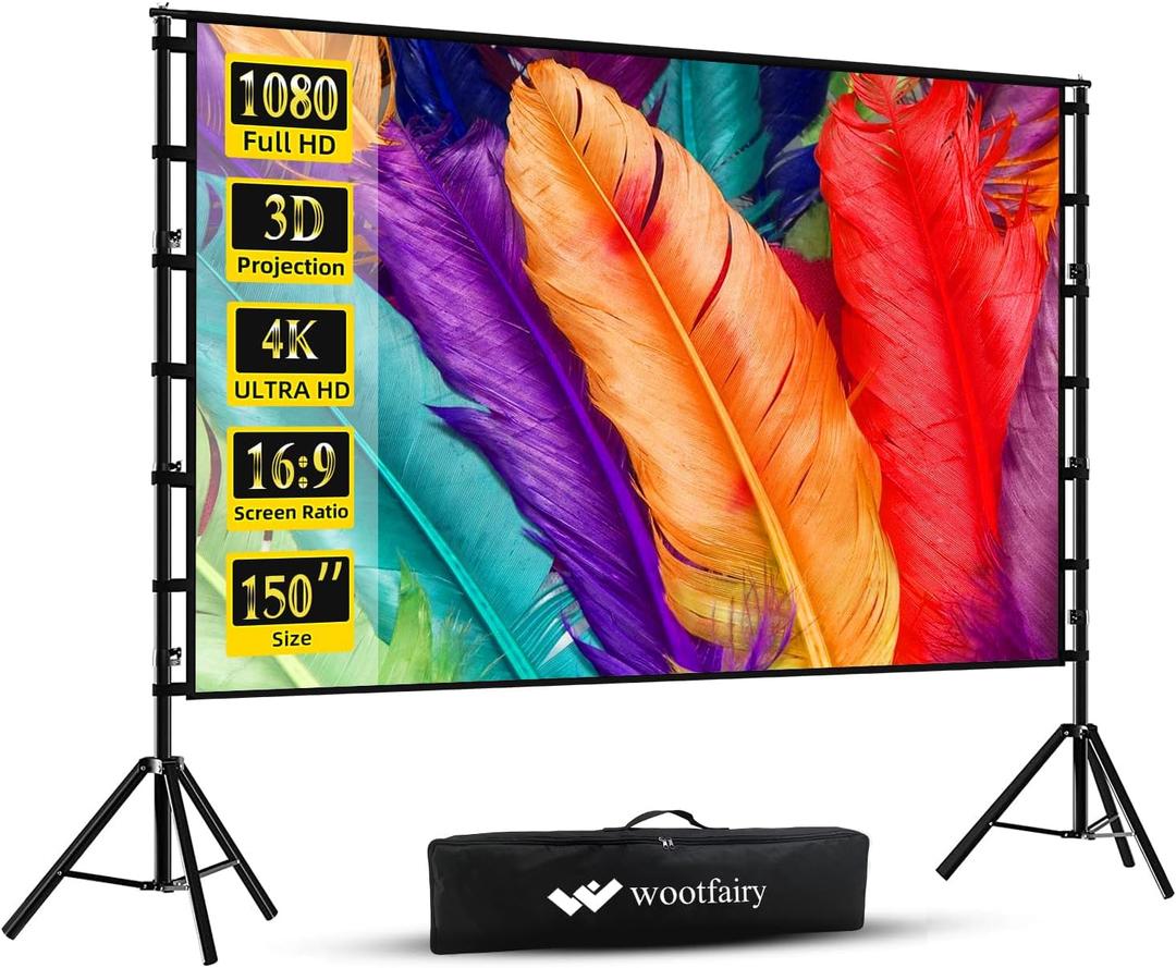 Projector Screen with Stand, Wootfairy 150 inch Portable and Foldable Projection Screen 4K HD 16:9 Rear Front Wrinkle-Free Movie Screen with Carry Bag for Indoor Outdoor Home Theater Backyard Cinema